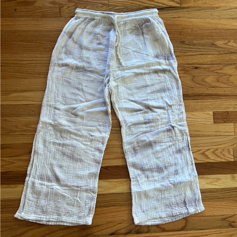 White Grey Tie Dye Gauze Cropped Wide-Leg Pants